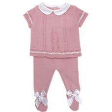 MC726-Dusky Pink: Baby Double Bow Knitted 2 Piece Set (0-9 Months)